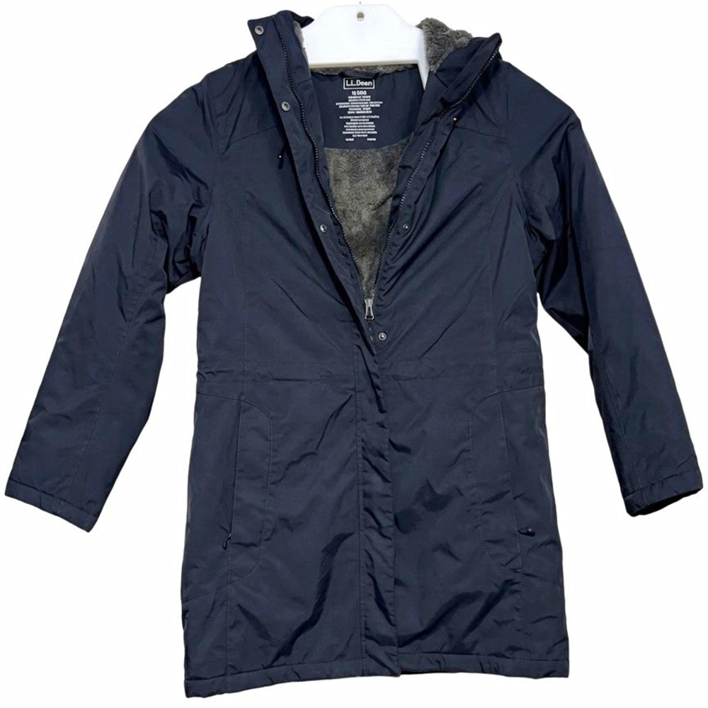 LL Bean Winter Warmer Parka Jacket Womens Medium Reg Black Hooded Fleece Lined